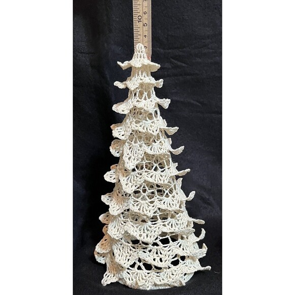 5 Vtg Handmade White Crochet Christmas Starched Trees Decor Varied Heights 5-8in - Picture 6 of 9